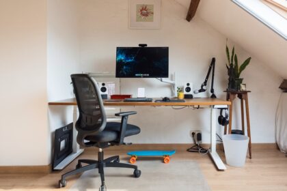 a desk with a computer on top of it
