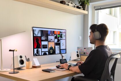 Ein moderner, ergonomischer schwarzer Büro-Kopfhörer (Jabra Evolve2 85) liegt auf einem aufgeräumten Schreibtisch im Home-Office, neben einem Laptop und einer Kaffeetasse.
