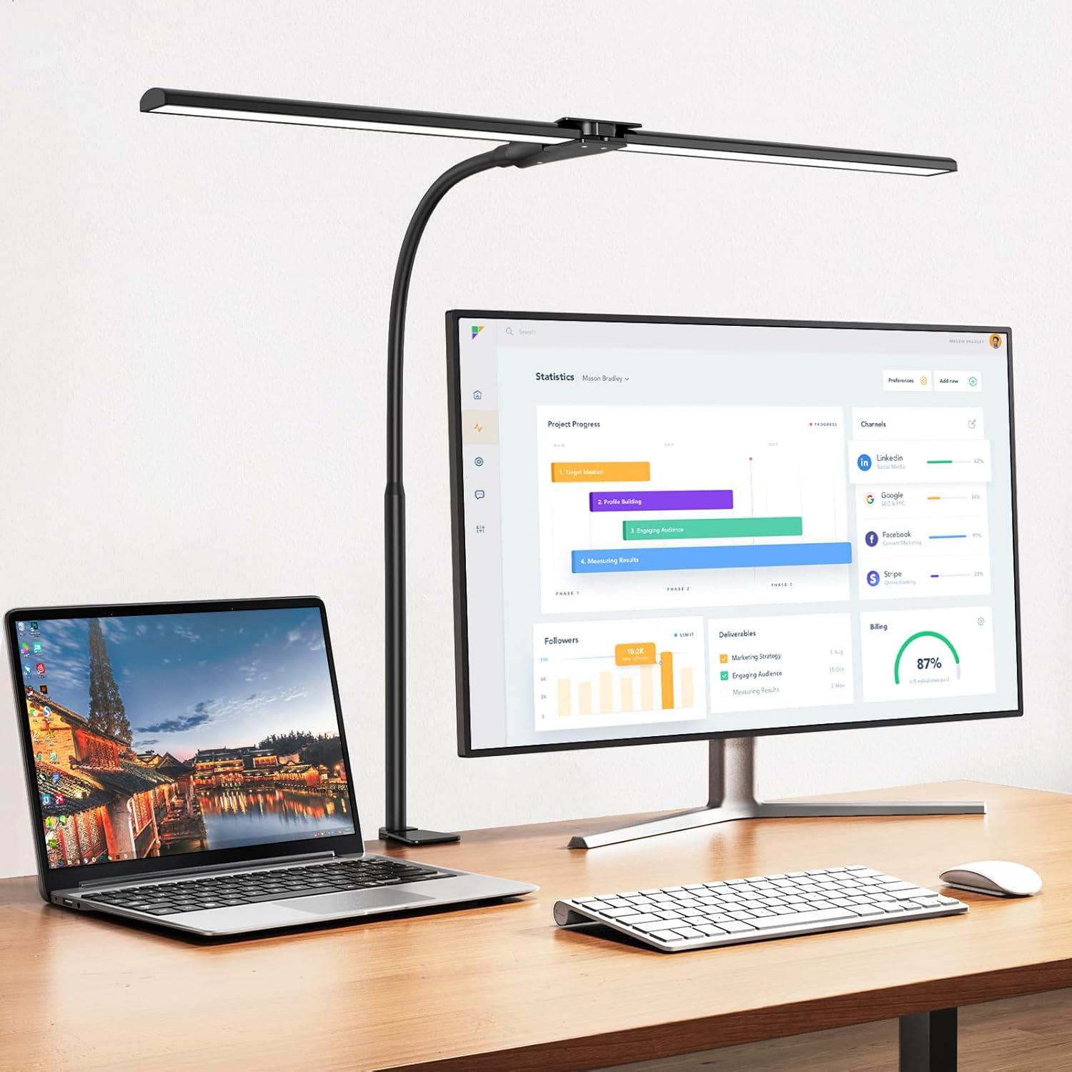 Schreibtischlampe LED Dimmbar, 1200 Lumen Doppelkopf Klemmbar für Homeoffice, Augenschutz Schwanenhals Büro Tischlampe, Monit