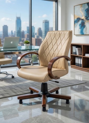 Beige Bürostuhl Mit Holzarmlehnen Und Ergonomie