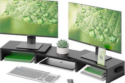 BONTEC Holz Dual-Monitorständer mit Handyhalter, verstellbar
